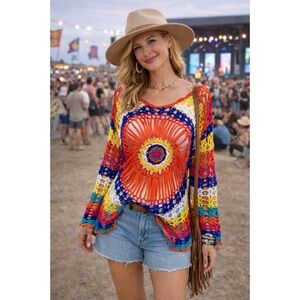 Crocheted Open Knit Sweater Colorful Long Sleeves Rainbow Boho Festival OS